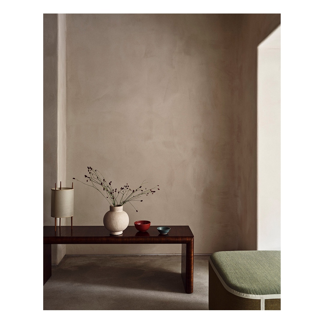 Minimalist interior scene with a dark wood console table holding a vase of botanical elements, set against a neutral toned wall.