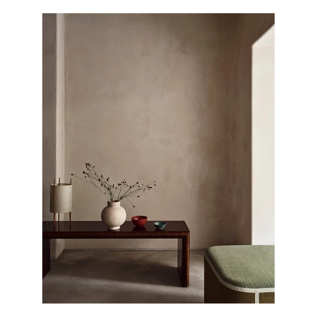 Minimalist interior scene with a dark wood console table holding a vase of botanical elements, set against a neutral toned wall.