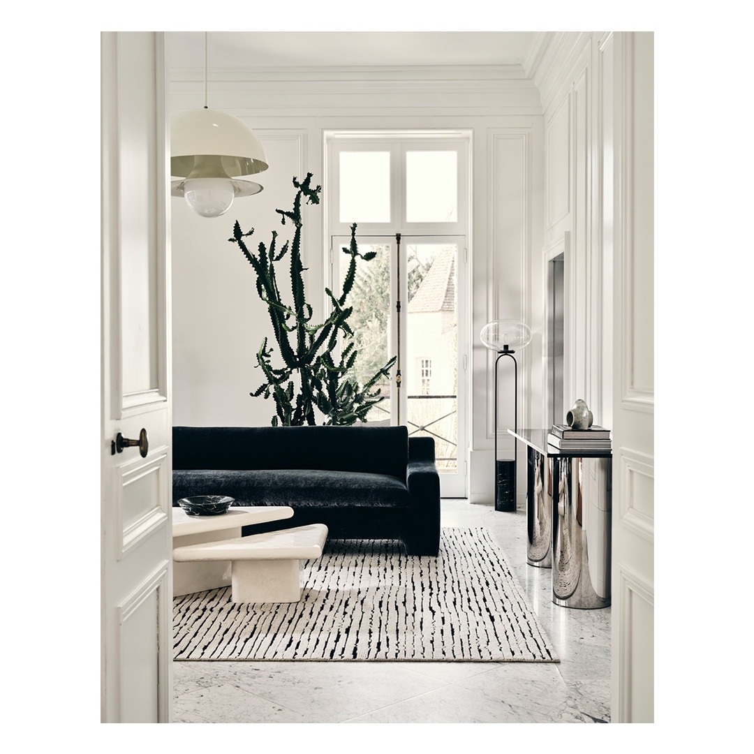 Living room interior features a black sofa, white coffee table, patterned rug, cactus plant, and modern lighting in a bright, minimalist setting.