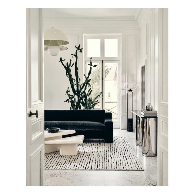 Living room interior features a black sofa, white coffee table, patterned rug, cactus plant, and modern lighting in a bright, minimalist setting.