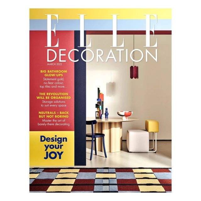 Elle Decoration magazine cover (March 2023) featuring a modern interior scene with geometric shapes, colorful furniture, and bold typography.