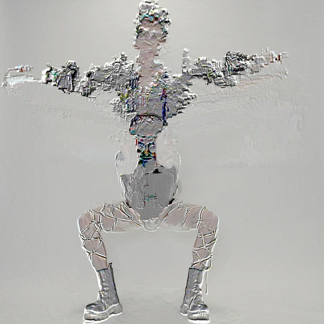 Abstract AI-generated image featuring a person squatting in shiny grey boots and matching top and leggings against a light grey background.