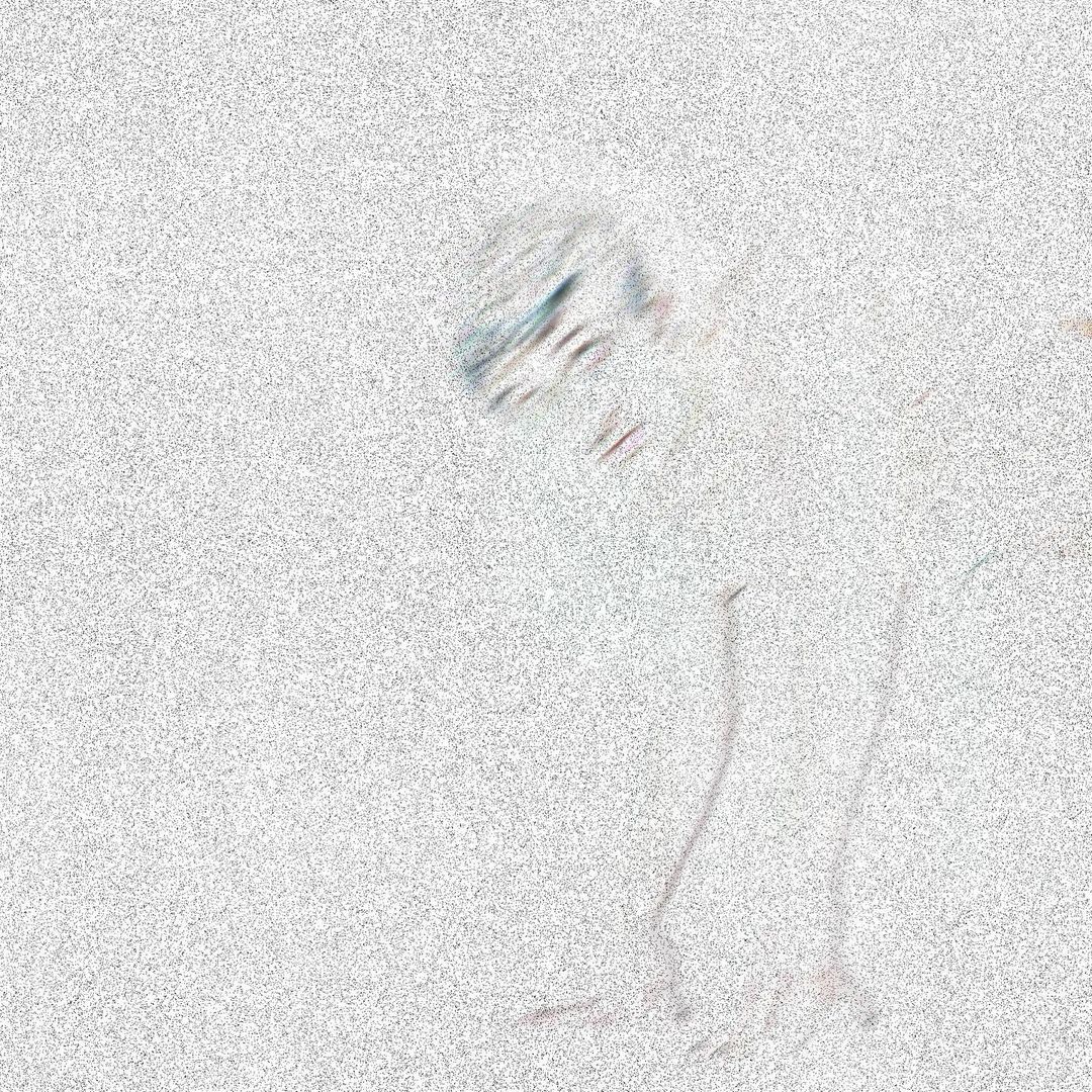 Abstract portrait of a person with blurred features on a white background, rendered with a grainy, distressed effect.