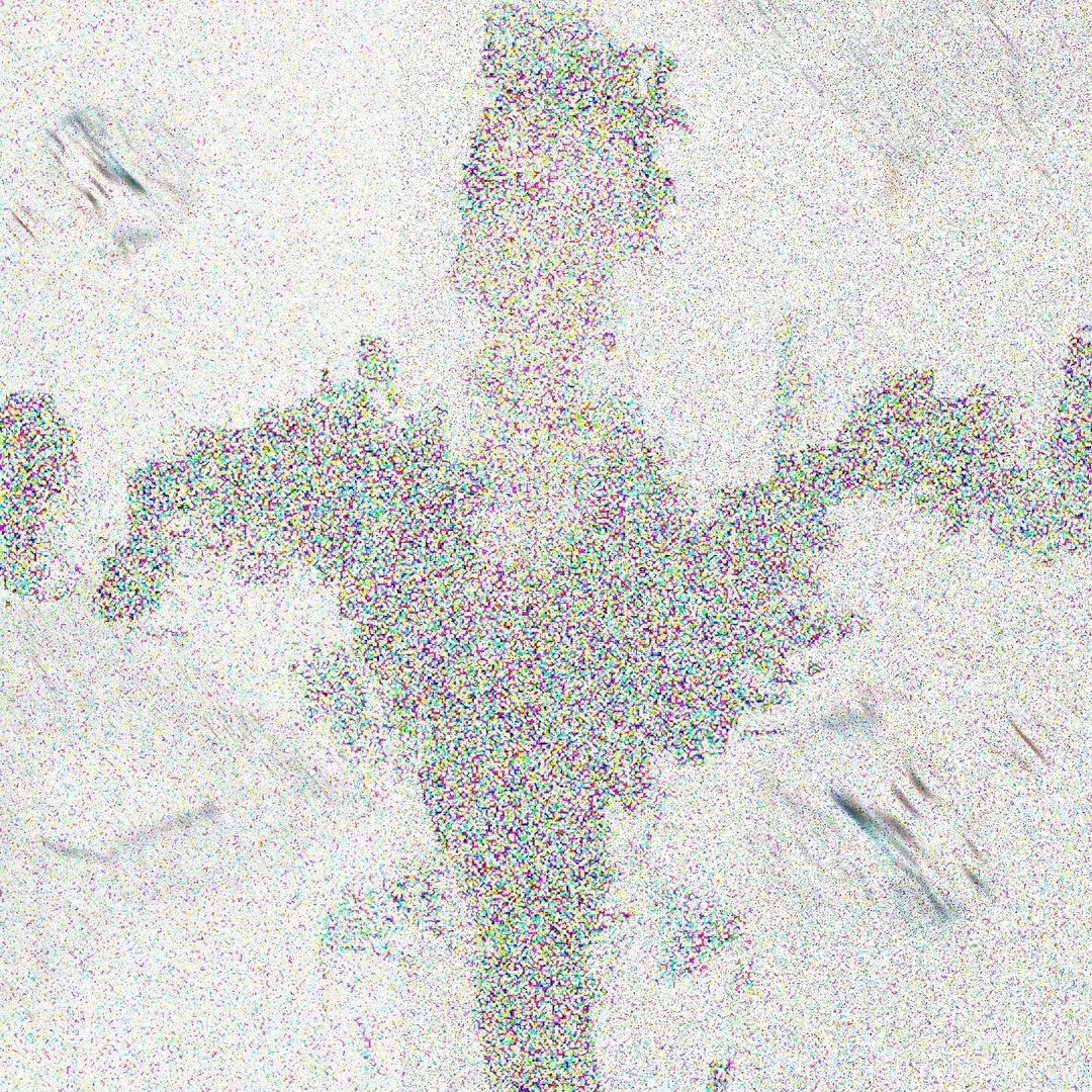 Abstract art features cross-shaped figure on a light background, created with mottled color and texture, suggesting a digital or glitch art aesthetic.