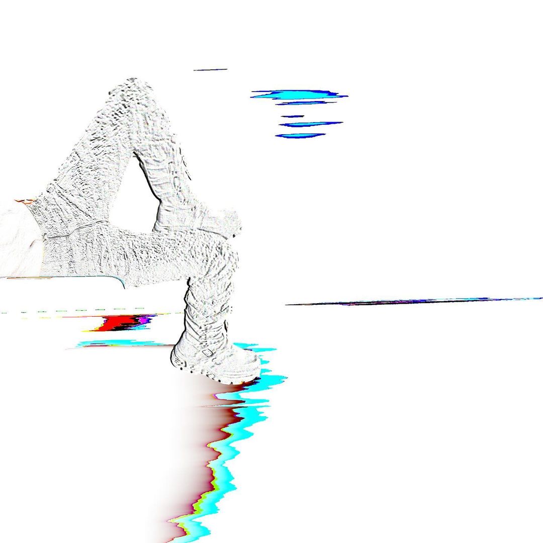 Person wearing textured pants and boots, seated against a plain white background with faint blue and red line accents in digital art.