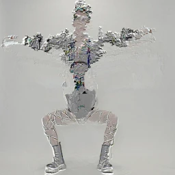 Abstract digital glitch art depicting a distorted human figure in a squatting pose against a plain light background