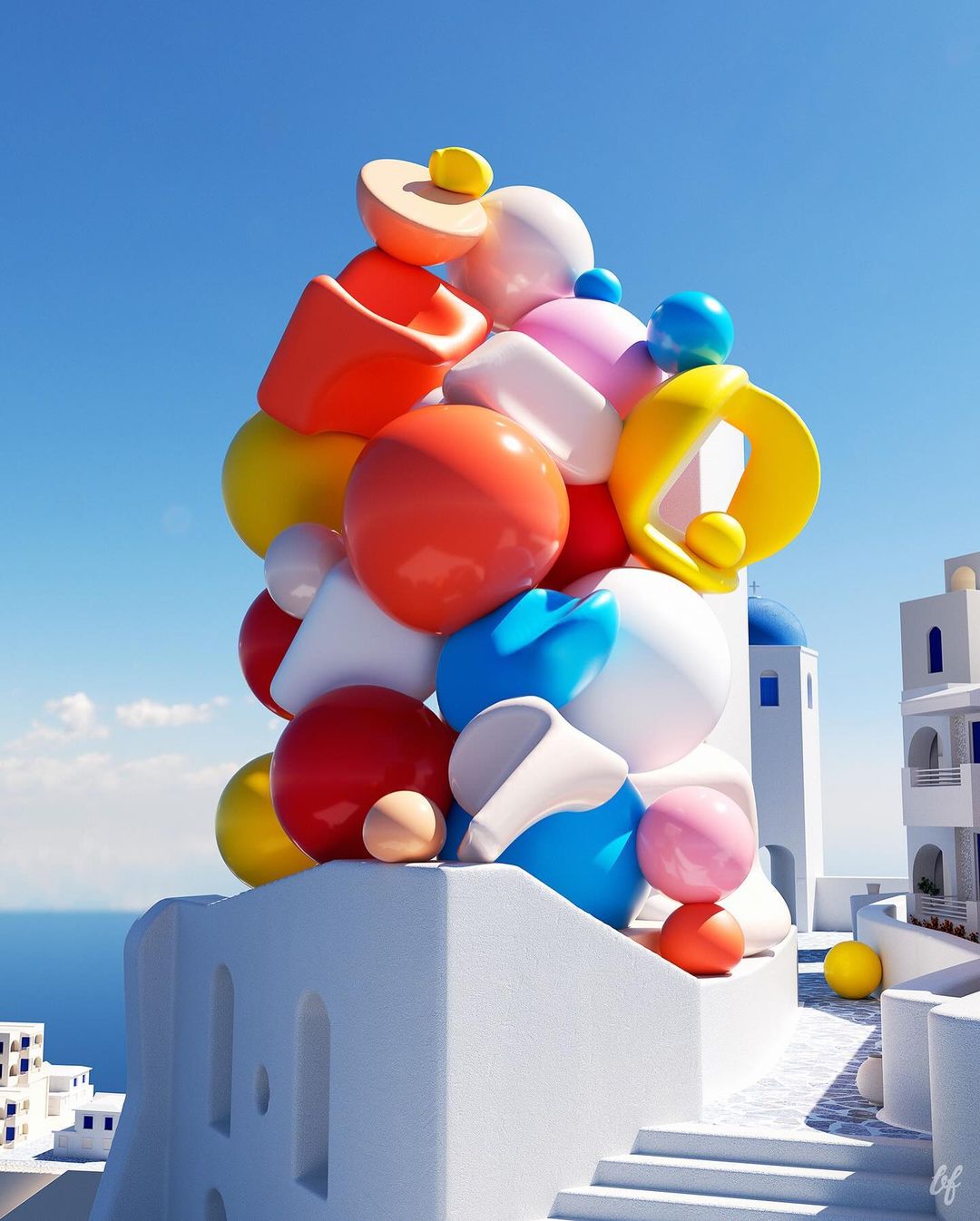 Colourful abstract art installation atop white building against a blue sky and ocean backdrop, creating a visually striking composition.