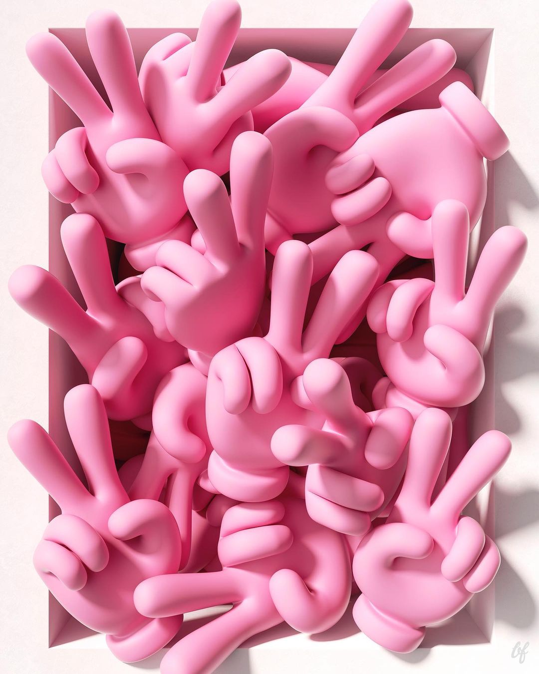 Pink cartoon hands inside a white frame, making peace signs. Hand gestures and peace symbols are featured in this image.