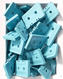 A jumble of light blue cassette tapes piled neatly inside a white rectangular box under bright studio light.