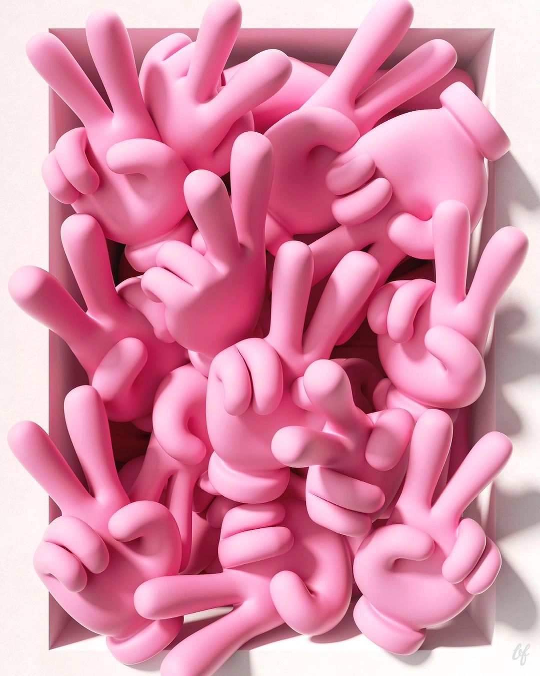 A collection of 3D rendered pink cartoon hands making peace signs tightly packed inside a white box.