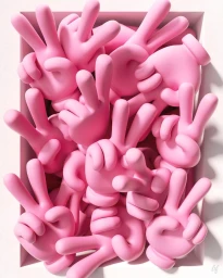 A collection of 3D rendered pink cartoon hands making peace signs tightly packed inside a white box.