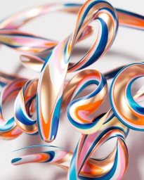 Abstract 3D rendered colourful twisted ribbons with glossy metallic surfaces on white background