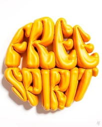 Inflated yellow leather typography spelling free spirit against a bright white background