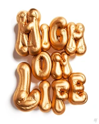 Inflated golden 3D typography spelling High On Life against a solid white background by CGI artist Ben Fearnley.