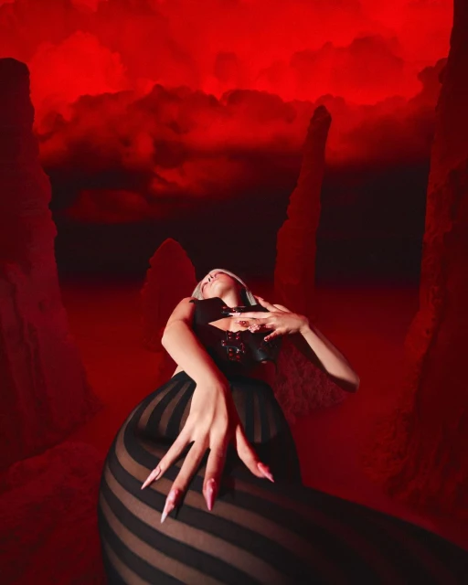 Surreal portrait of a woman in a black corset and striped skirt, posing against a backdrop of red rock formations and a cloudy sky.