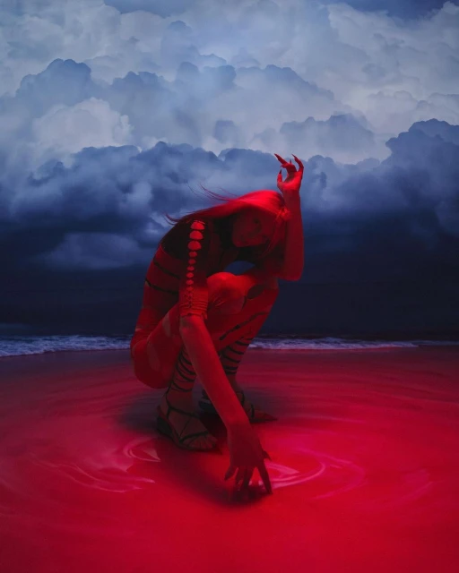 A woman in a red bodysuit crouches on a beach with moody clouds, creating an artistic and surreal image with dramatic lighting and color.