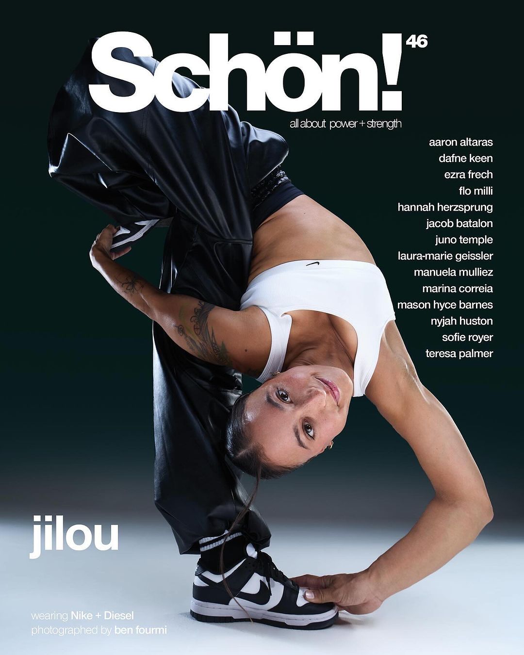 Magazine cover featuring Jilou in sportswear striking a dynamic pose, balancing on her hands and feet, showcasing flexibility and strength.