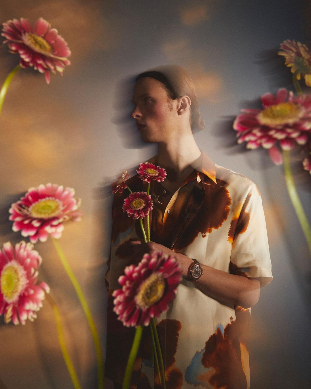 Man in patterned shirt holds pink Gerbera daisies surrounded by more daisies in a softly lit, artistic portrait.
