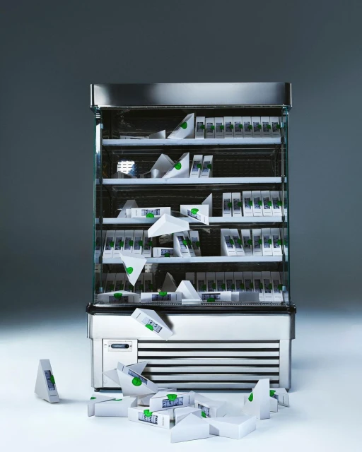 A refrigerator filled with neatly stacked and scattered triangular sandwich packets in a well-lit, clean environment, creating an organized, yet dynamic scene.