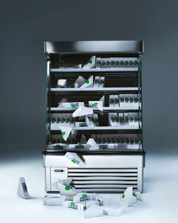 A refrigerator filled with neatly stacked and scattered triangular sandwich packets in a well-lit, clean environment, creating an organized, yet dynamic scene.