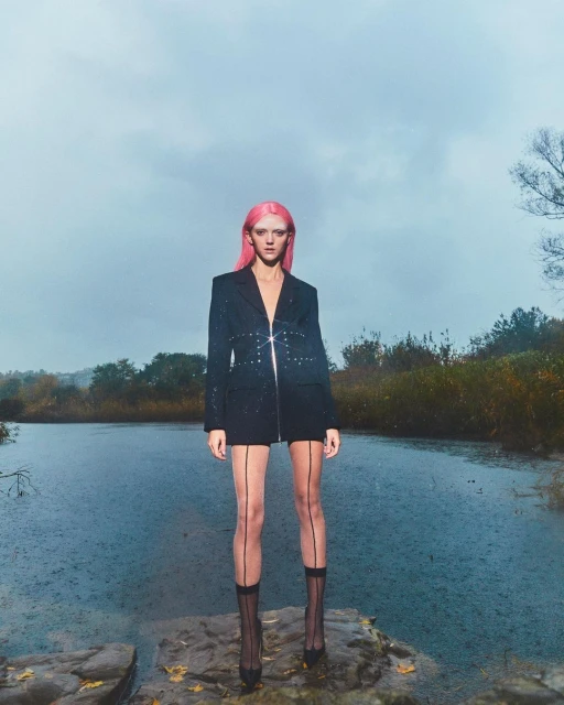A stylish woman with pink hair, wearing a blazer dress with sheer stockings, poses near a reflective pool in a moody outdoor setting.