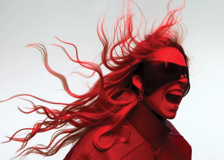 Woman with long red hair and sunglasses yells against a white backdrop in a studio shot with dramatic lighting and high energy.