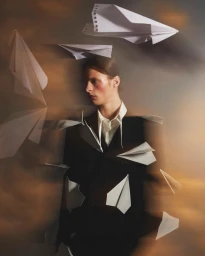 A man in a dark blazer surrounded by multiple floating paper airplanes by Ben Fourmi