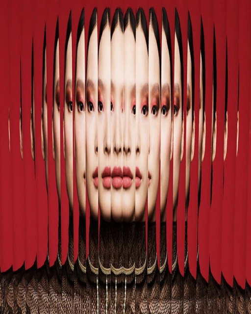 Abstract portrait of an Asian woman with multiple face fragments, red eye makeup, and lips. Dark brown patterned top, red studio backdrop.