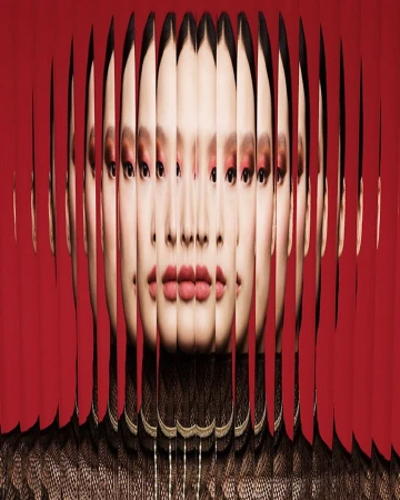 Abstract portrait of an Asian woman with multiple face fragments, red eye makeup, and lips. Dark brown patterned top, red studio backdrop.