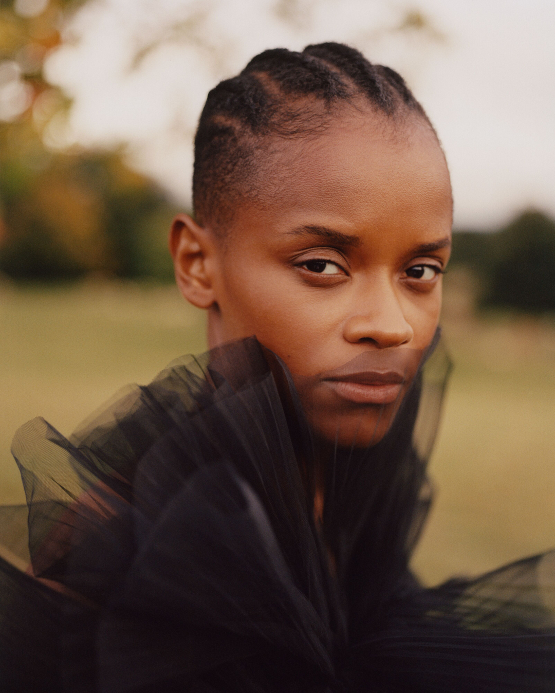 Portrait of a young Black woman with braided hair, wearing a dark tulle top, set in a grassy field with trees in the distance.