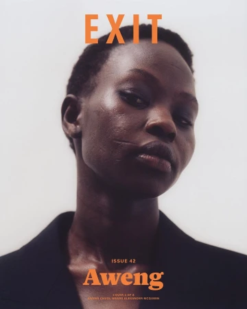 Close-up portrait of a black woman with short hair and serious expression against an off-white background with orange typography.