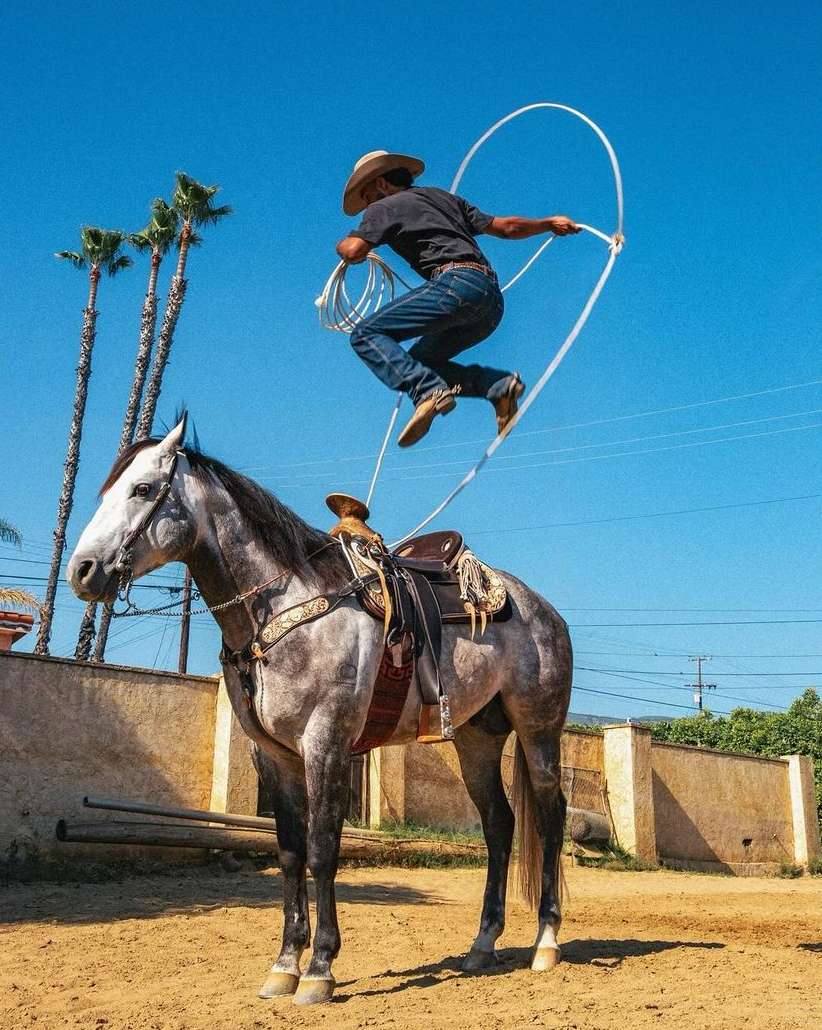 Equestrian acrobatics: A man jumps rope on horseback in an outdoor setting, showcasing skill and coordination under a clear blue sky.