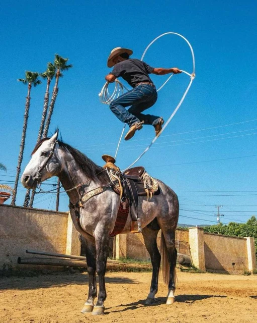 Equestrian acrobatics: A man jumps rope on horseback in an outdoor setting, showcasing skill and coordination under a clear blue sky.