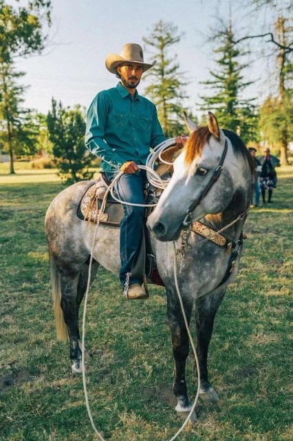 Cowboy rides a gray horse on a grassy field with trees in the background, wearing a hat, blue shirt, and jeans, holding a rope.