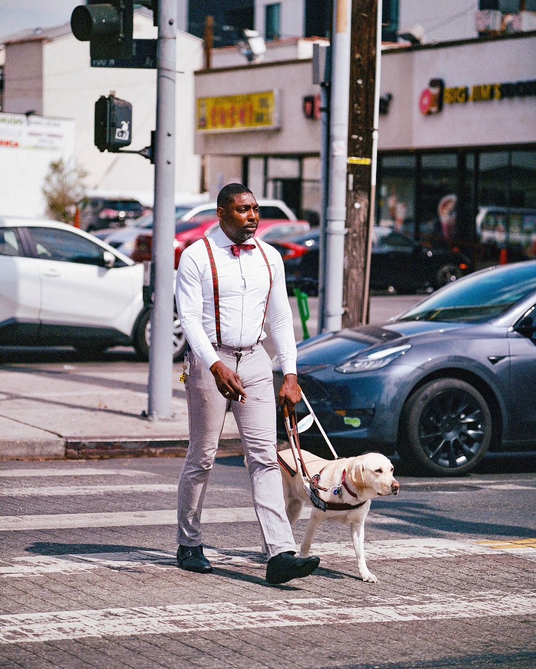 An adult man in a shirt and tie walks a guide dog at a pedestrian crossing on a city street on a sunny day in an eye-level shot.
