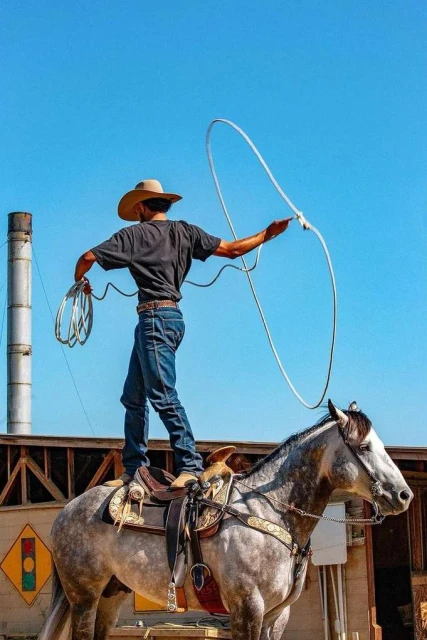 Cowboy standing on a horse, holding a lasso in the air against a clear blue sky, in an outdoor setting with building in the background.