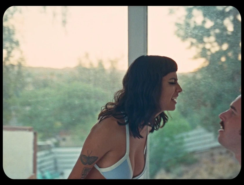 Close-up of an adult woman talking to an adult man inside a home with a large window overlooking a green landscape and bright skies.