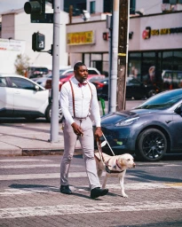 Black man walking a light-colored dog on a leash across a city street crosswalk