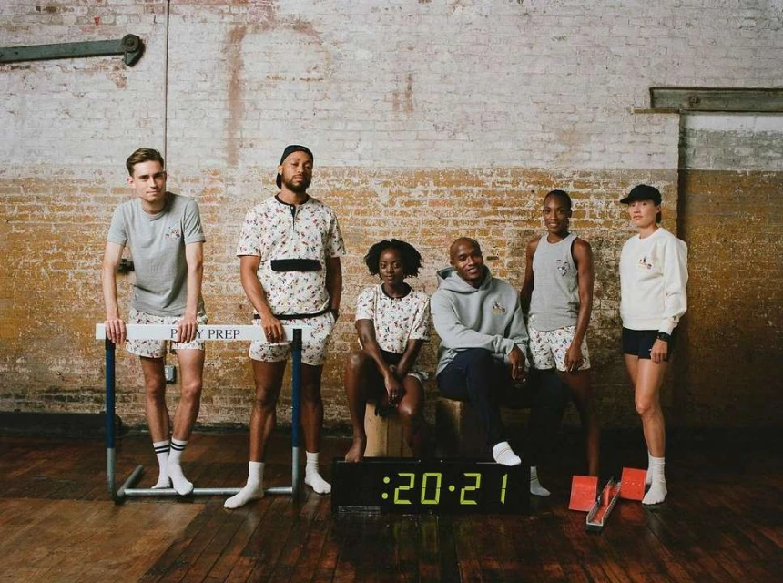 Group of six diverse adults wearing matching print athletic wear posing in front of track hurdle and digital clock inside brick studio.