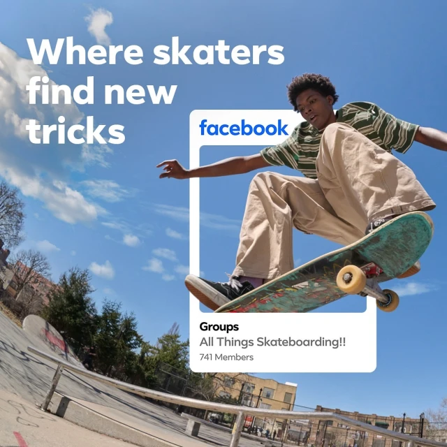 Young skater performs a trick on a skateboard in the skatepark against a bright blue sky with clouds. Facebook group promotion.