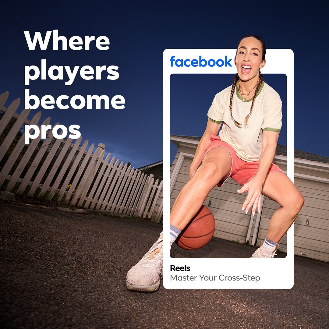 Female basketball player dribbling a basketball, inside of Facebook Reels frame, with house, fence, and dark blue sky in background.