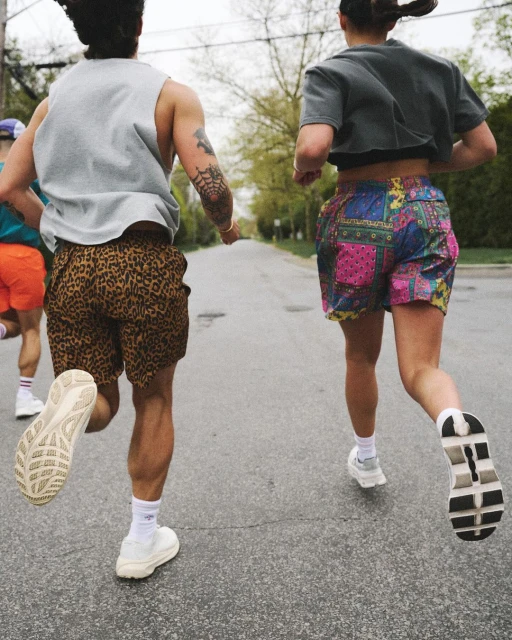 Three people are seen from the back jogging on an asphalt road wearing casual clothing and sneakers. Trees and foliage line the sides of the road.