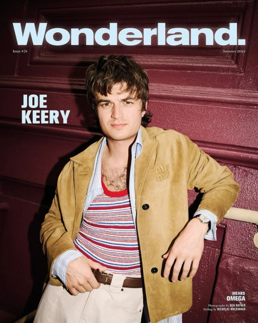 Magazine cover featuring Joe Keery, wearing a striped shirt and suede jacket, set against a burgundy door. Wonderland, January 2020.