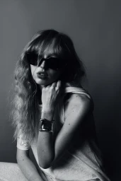 Black and white portrait of a woman wearing dark sunglasses, a white tank top, and a metallic cuff bracelet.