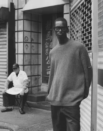 Black man in an oversized knit sweater and dark glasses stands on a city street outside a storefront in black and white.