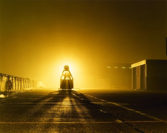 Fog-shrouded flatbed car on tracks in a dark outdoor setting with yellow lighting and industrial buildings in the distance.