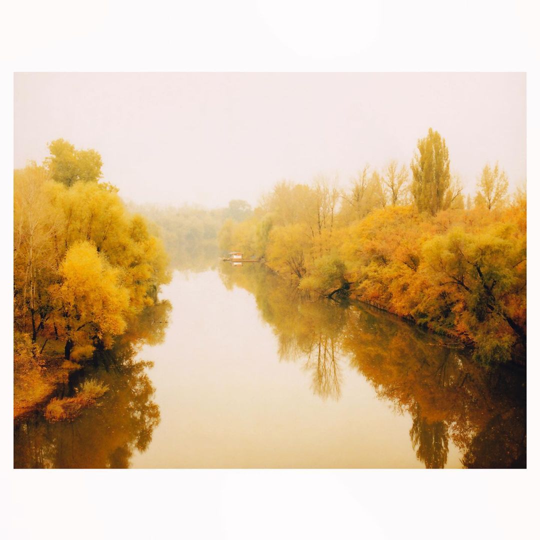 Scenic view of a river lined with trees exhibiting autumn colors, creating a peaceful and picturesque waterscape under a hazy sky.