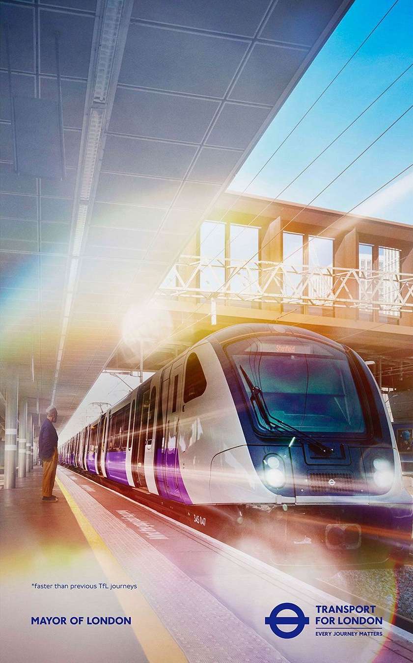 Modern train approaches a station platform with a waiting person, overhead architecture, and branding for Transport for London.
