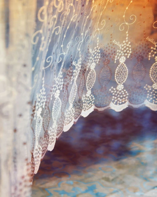 Close-up of a white lace curtain with a delicate floral pattern, casting soft shadows on a blurred background of mixed colors.