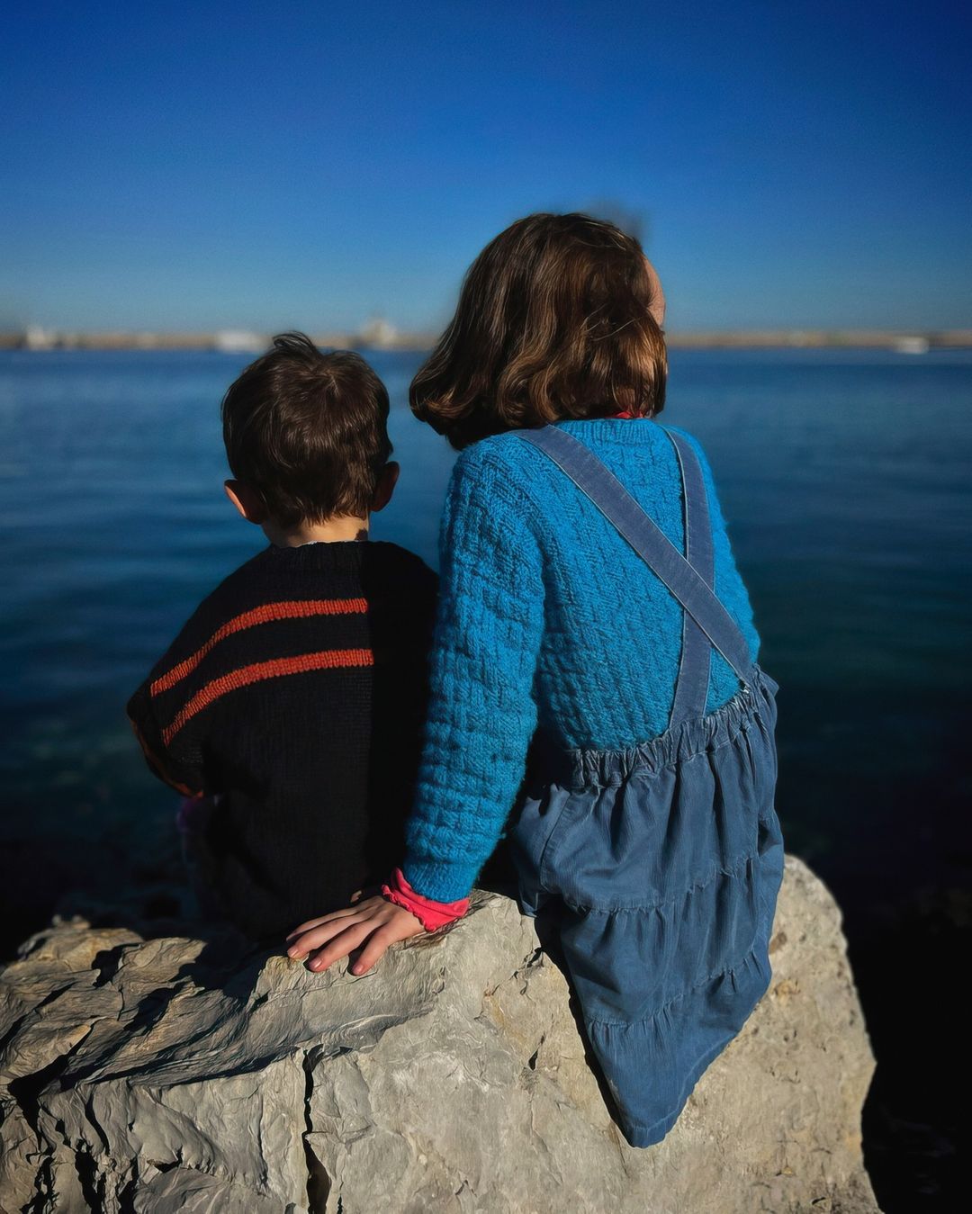 Two children sitting on a rock by the ocean, seen from behind under a clear blue sky